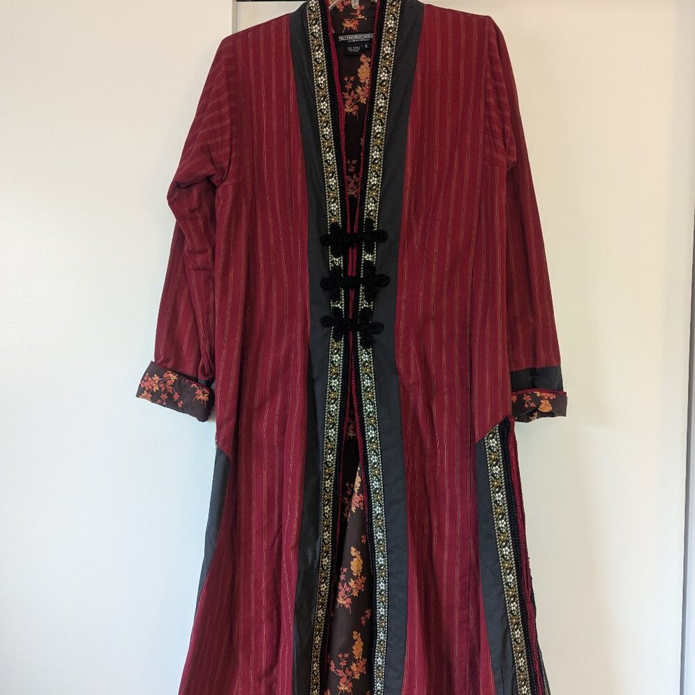 J. Peterman ruby red/orange/brown duster coat